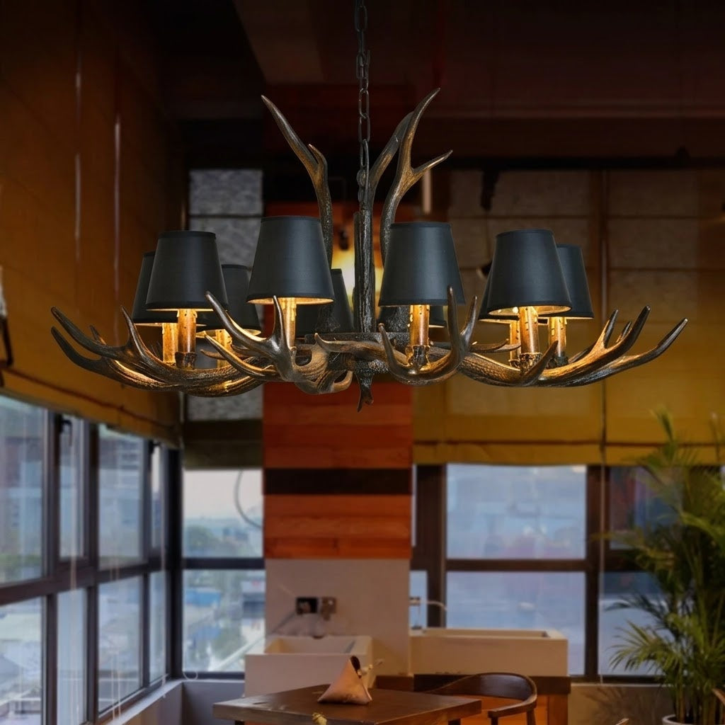 Close-up of the black shades on the antler chandelier
