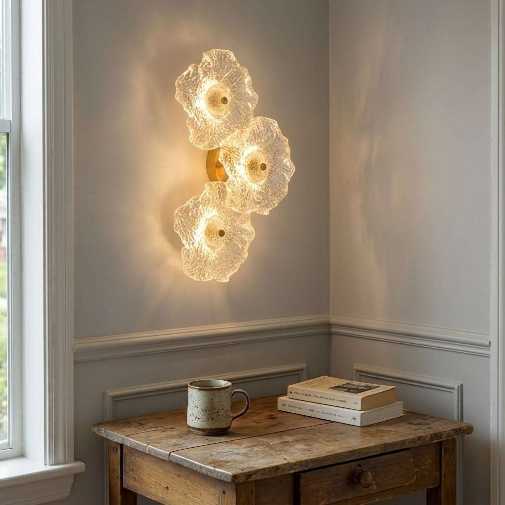 Fiorella Textured Glass Flower Wall Sconce Lamp blooming on a modern wall