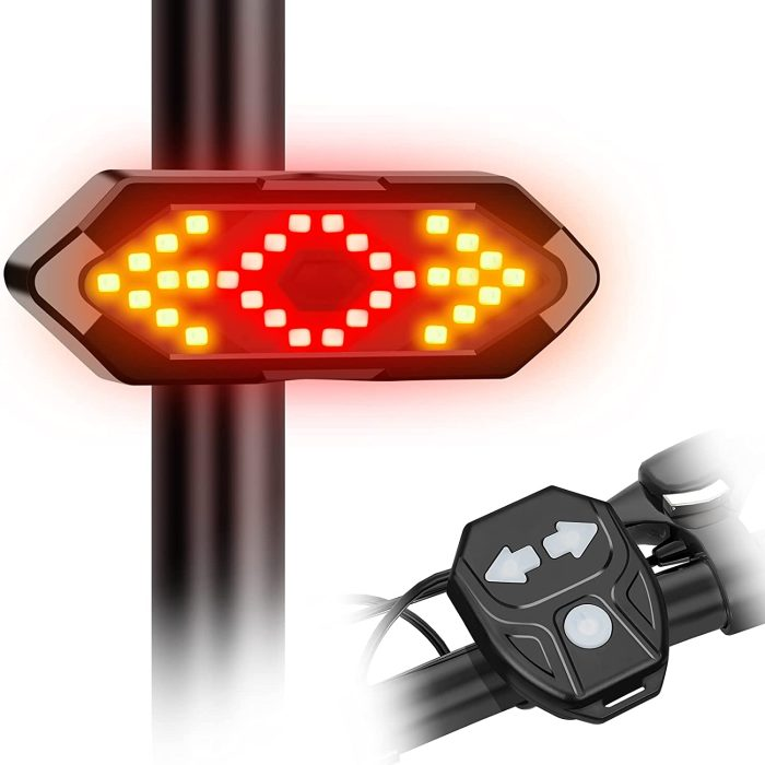 LED Wireless Bike Turn Signal attached to a bicycle seat post, displaying a bright arrow