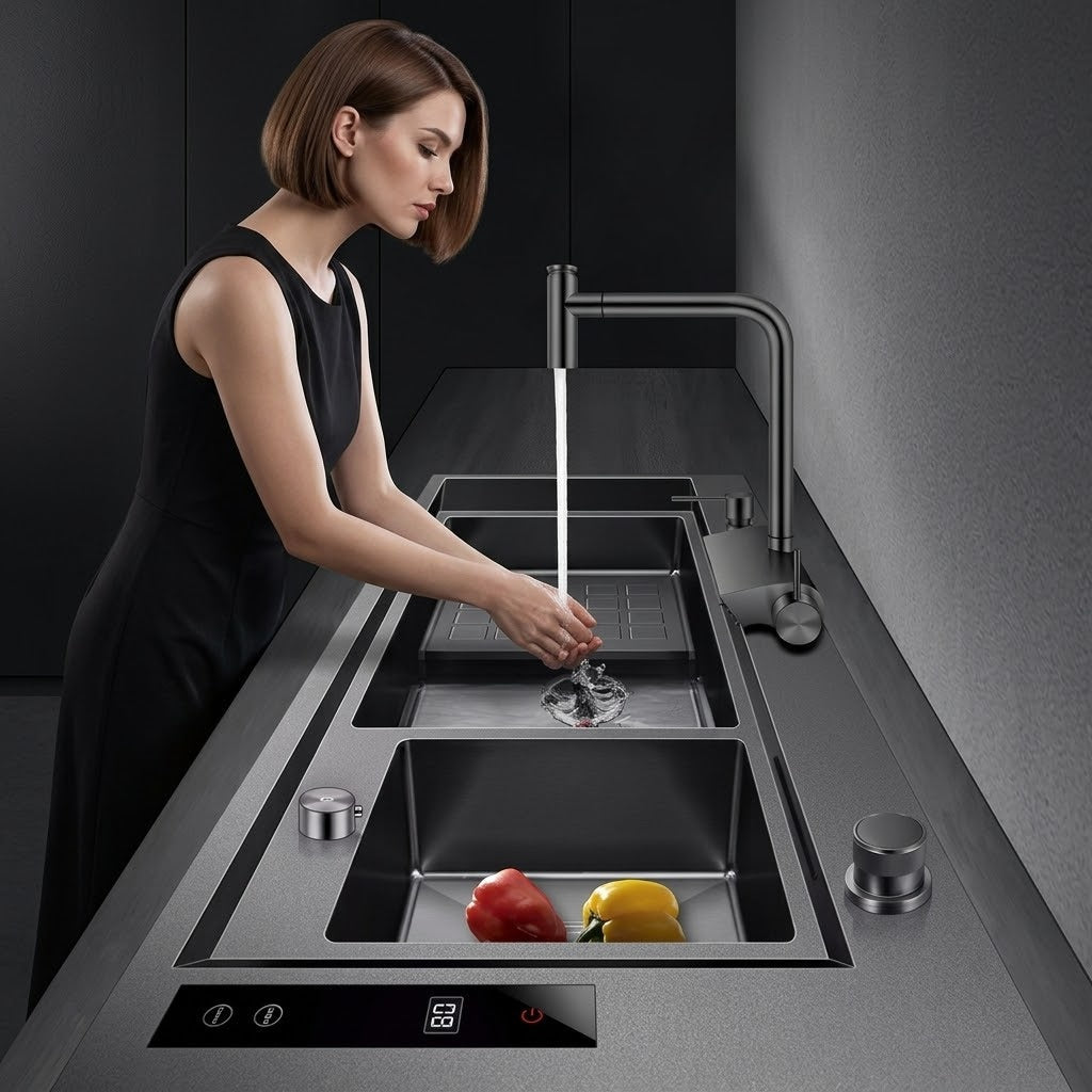 Integrated sliding accessories on the workstation kitchen sink