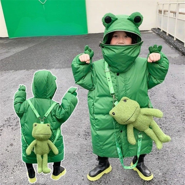 A child wearing the Jumpy Frog Kids Winter Jacket and smiling