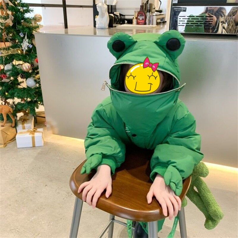 Close-up of the Jumpy Frog Kids Winter Jacket's playful hood design