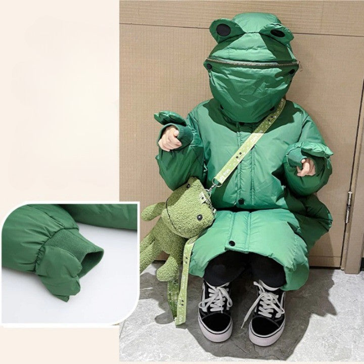 Full view of the Jumpy Frog Kids Winter Jacket showcasing its length and vibrant color