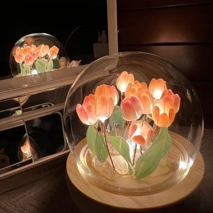 A beautifully crafted DIY tulip night lamp glowing warmly