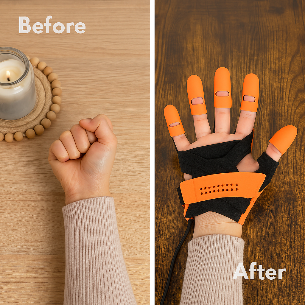 Specifications and sizing chart for the Effortless Exercise Automatic Hand Trainer Gloves