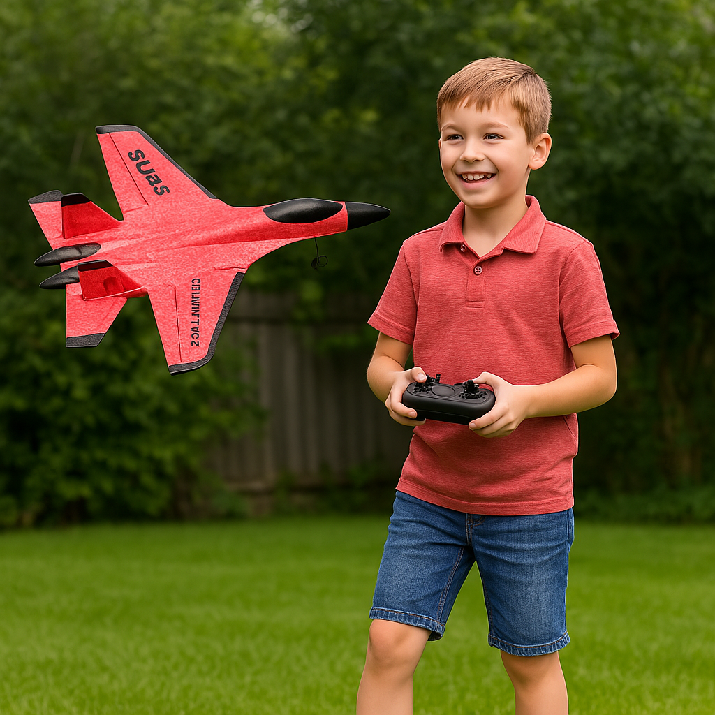 A person holding the lightweight foam fighter airplane toy, ready for takeoff