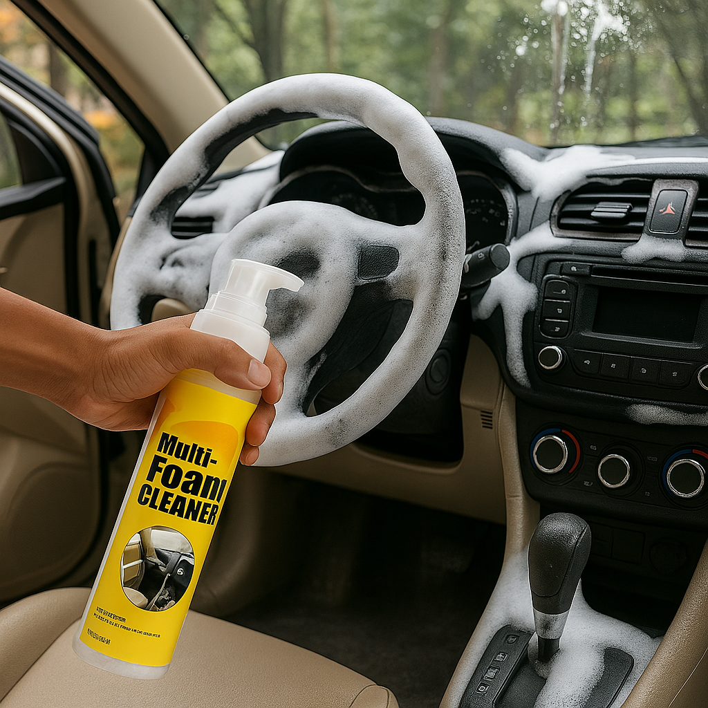 Multi-Purpose Easy Cleaning Foam Cleaner Spray in action on a car dashboard