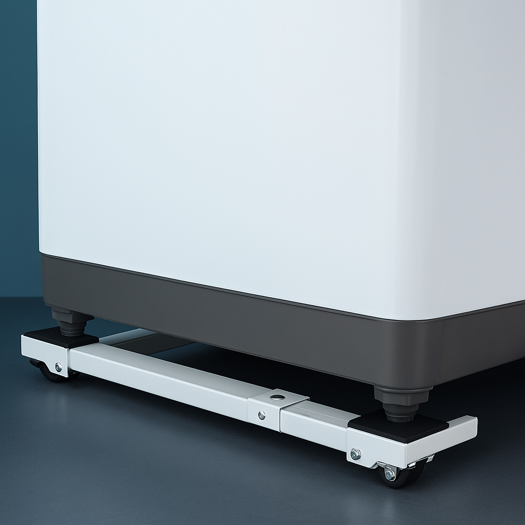 A heavy washing machine being moved effortlessly on the Multifunctional Portable Mobile Base Stand