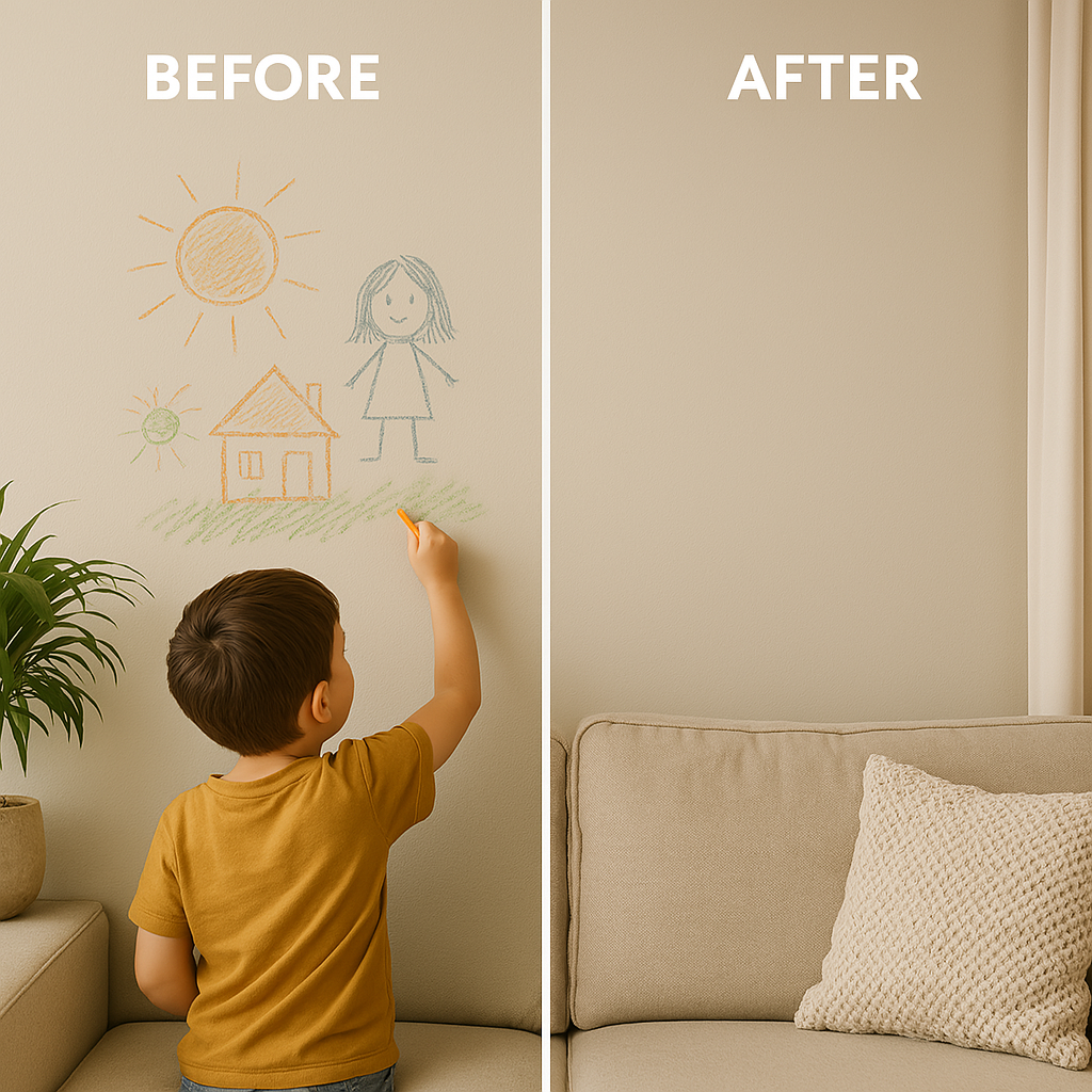 Before and after wall repair using the paste roller tool