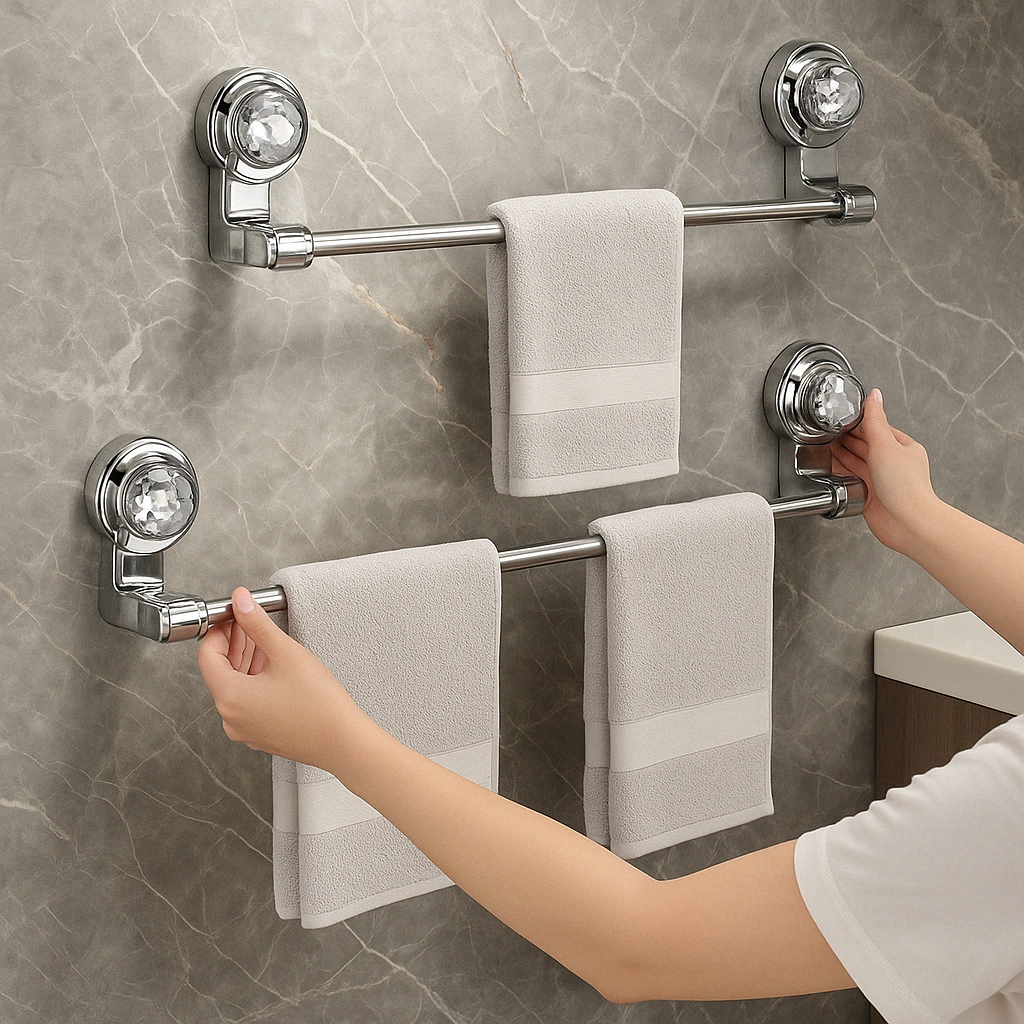 Adjustable Stick & Store Suction Towel Rack extended in a bathroom