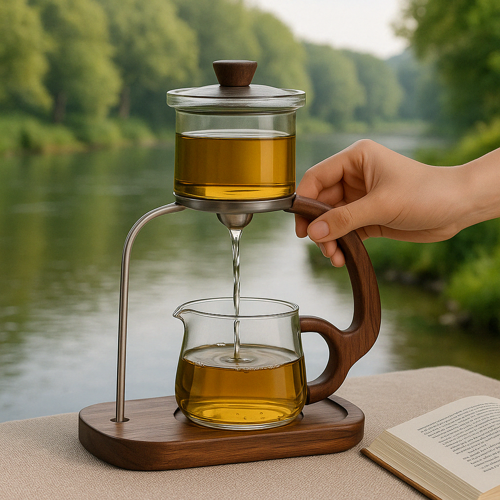 Close-up of the Walnut Signature One-Key Glass Tea Set