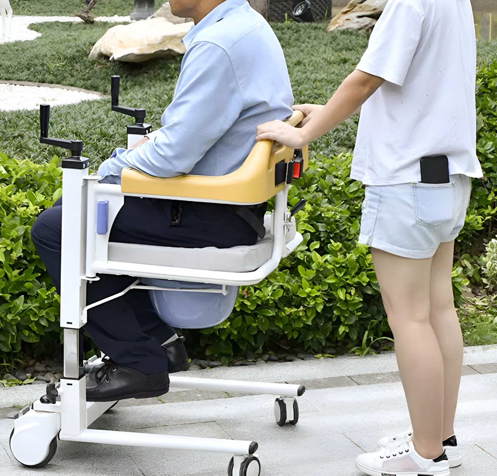 Detailed view of the patient transfer lift's secure locking mechanism