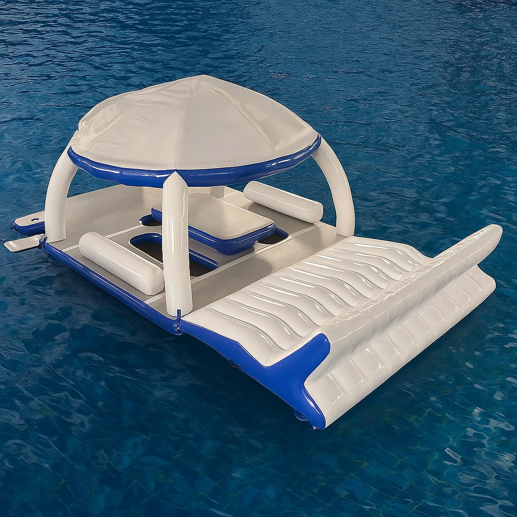 The Water Lounge Inflatable Floating Island on the water ready for a party