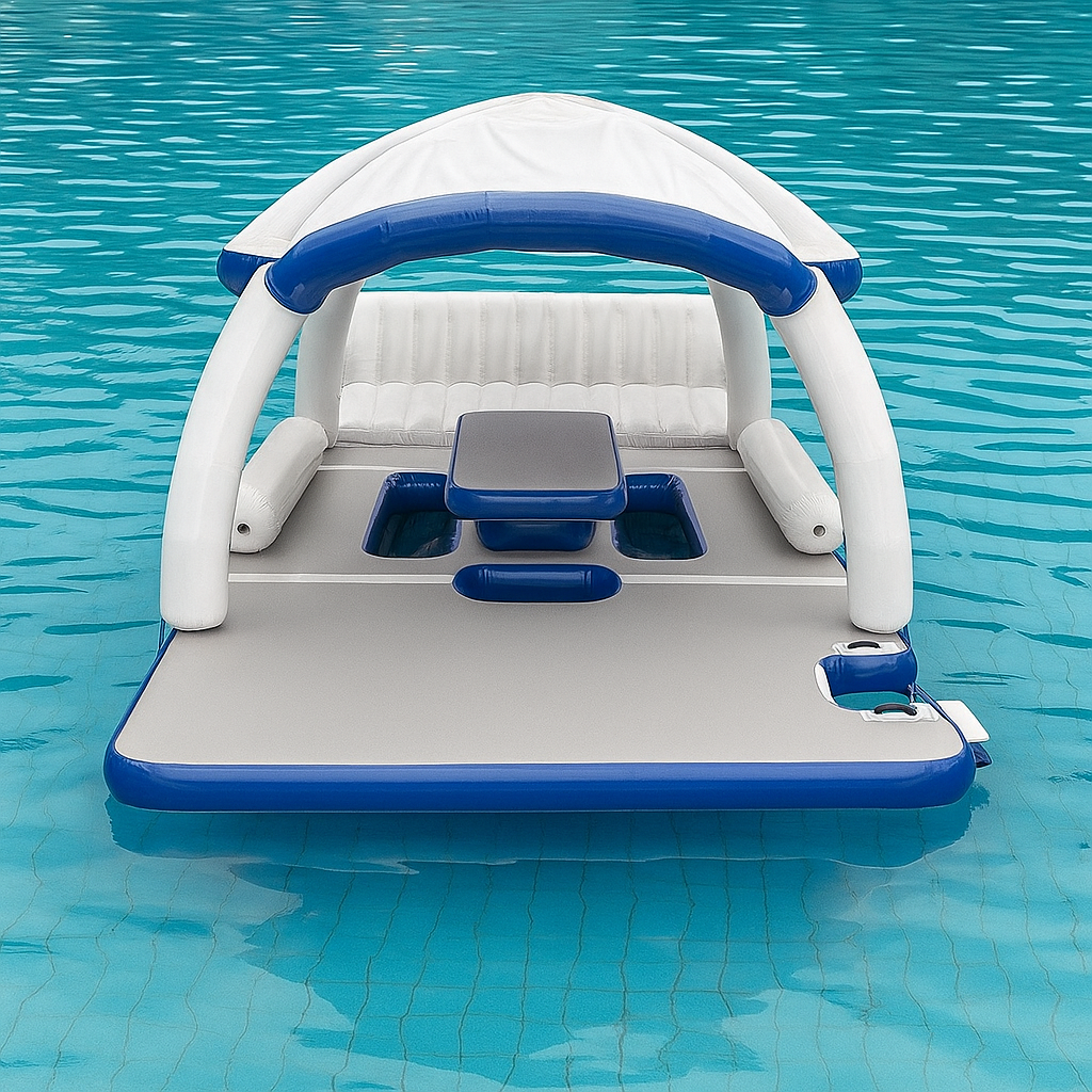 A group of friends relaxing on the spacious floating island gift