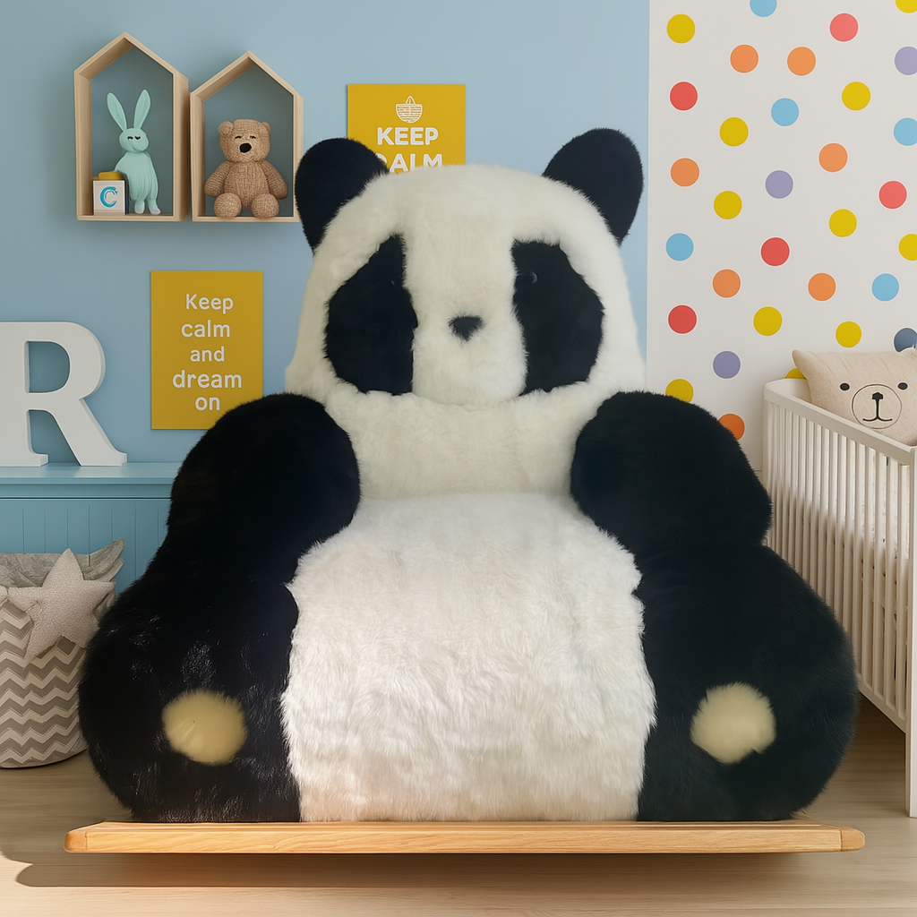 child sitting on the panda sofa