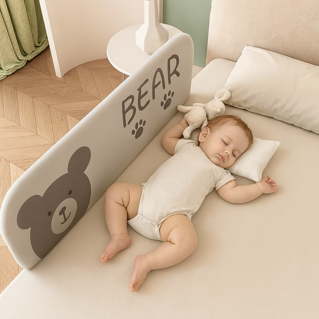 A child sleeping safely next to the foldable bear safety bed rail.