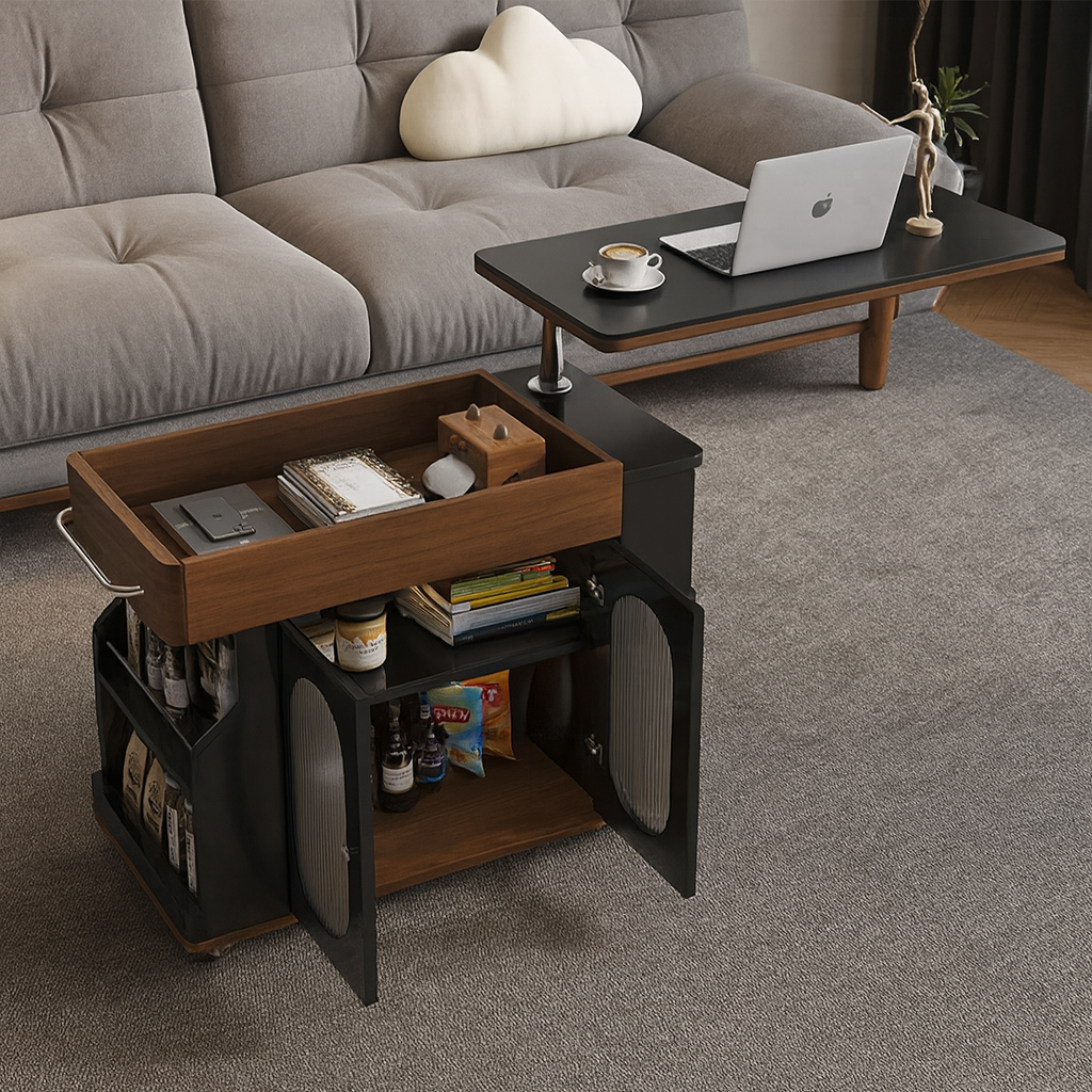 Vintage lift-top coffee table with the top elevated to create a workspace.