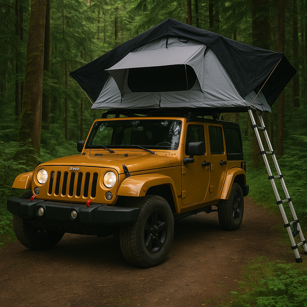 A beige foldable car roof tent set up on a vehicle in a scenic location