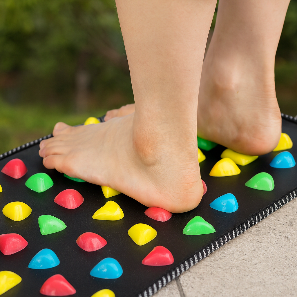 A person standing on the reflexology foot massage mat for stress relief