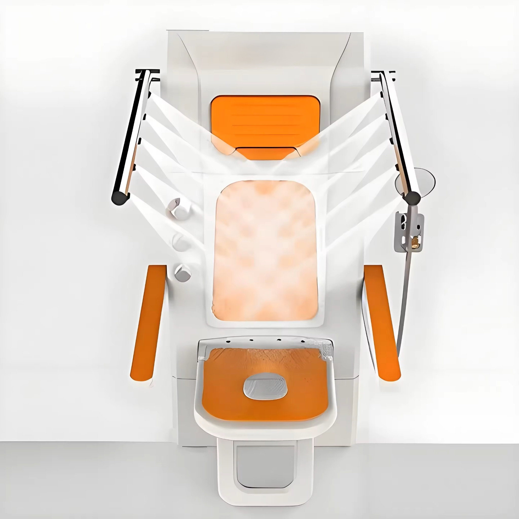 Close-up of the 10 rotating hydromassage nozzles on the shower chair