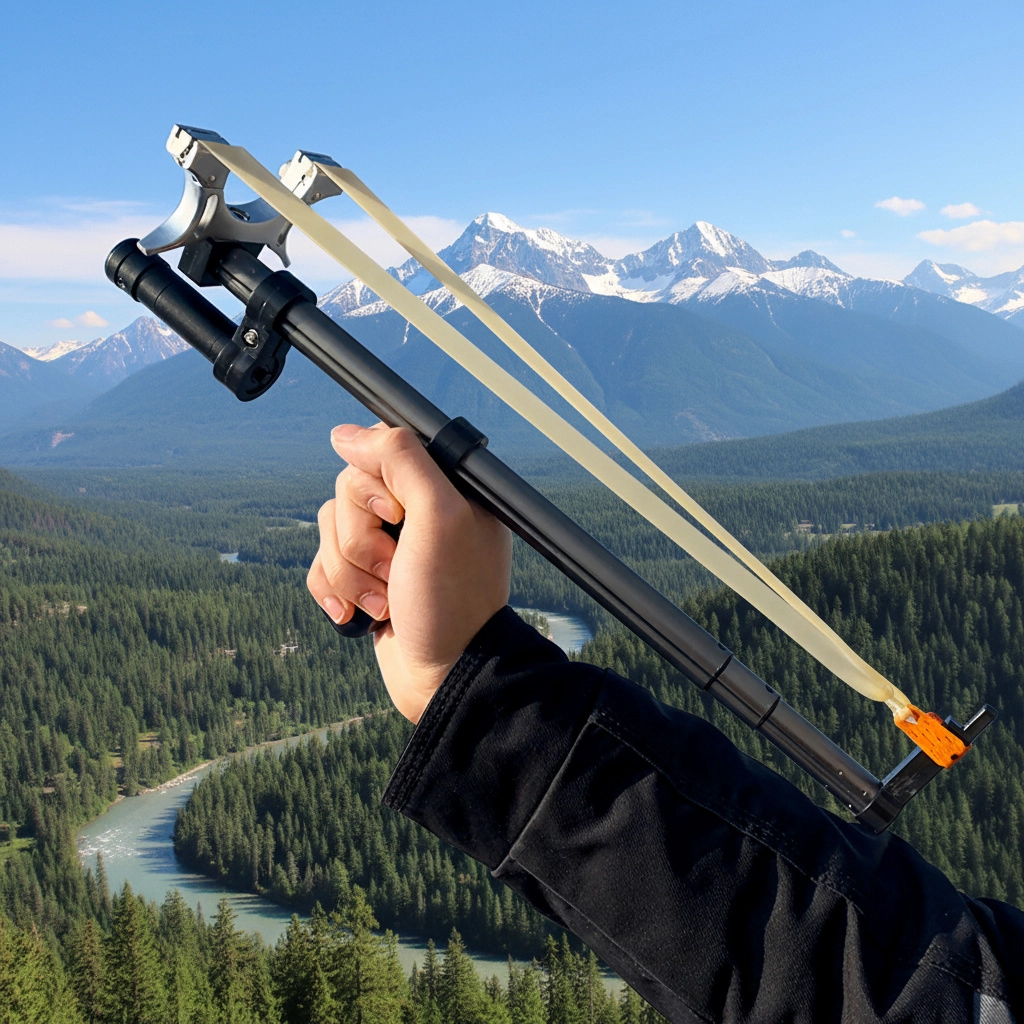 Man aiming the High Power Telescopic Laser Slingshot in an outdoor setting