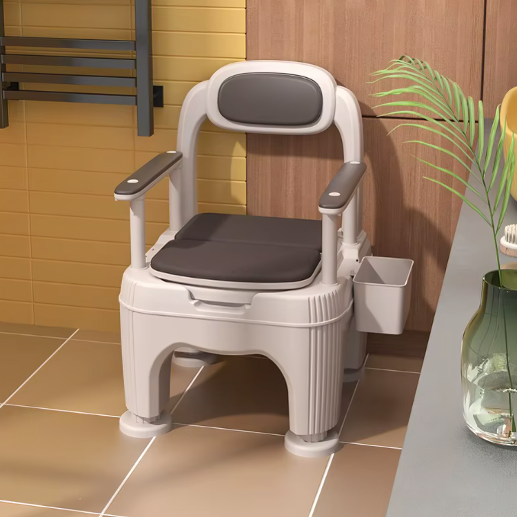 Detailed view of the indoor toilet chair's PU cushion and sturdy frame