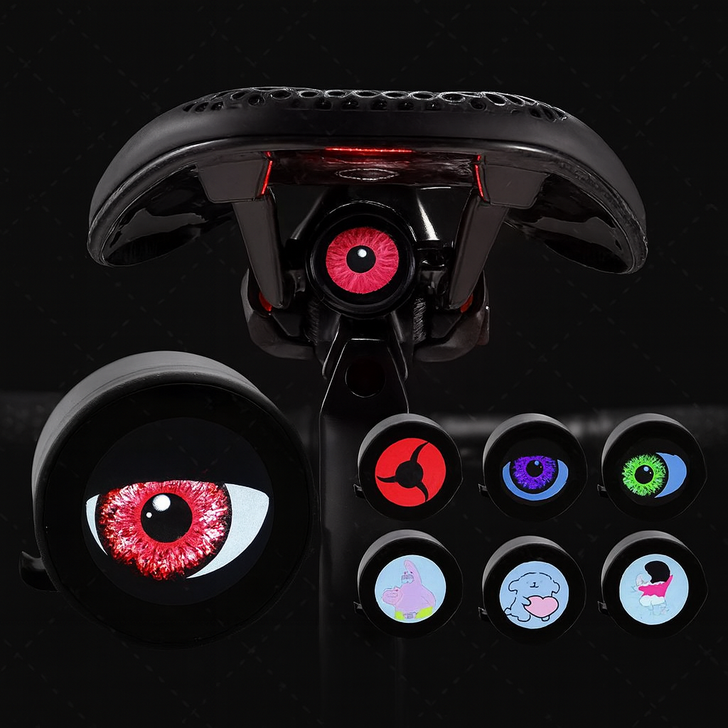 A cyclist riding at night with the Scary Eyes Night Guardian Bicycle Tail Light glowing brightly