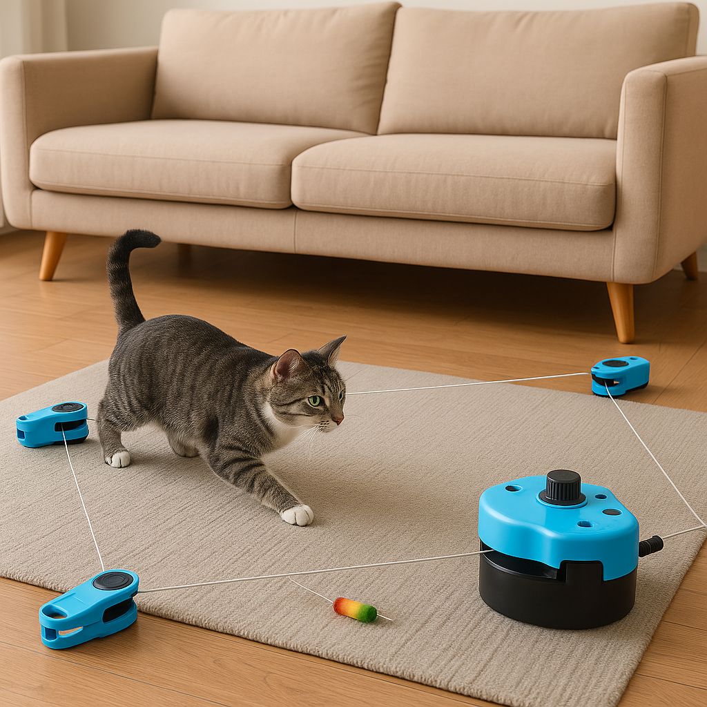 Cat playing enthusiastically with the automatic chaser toy