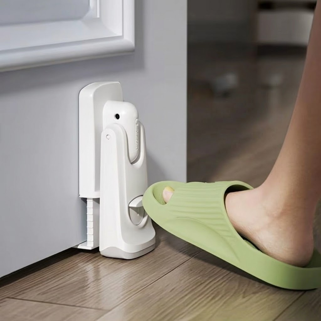 One-Step Easy Door Stopper hands-free operation in a home hallway
