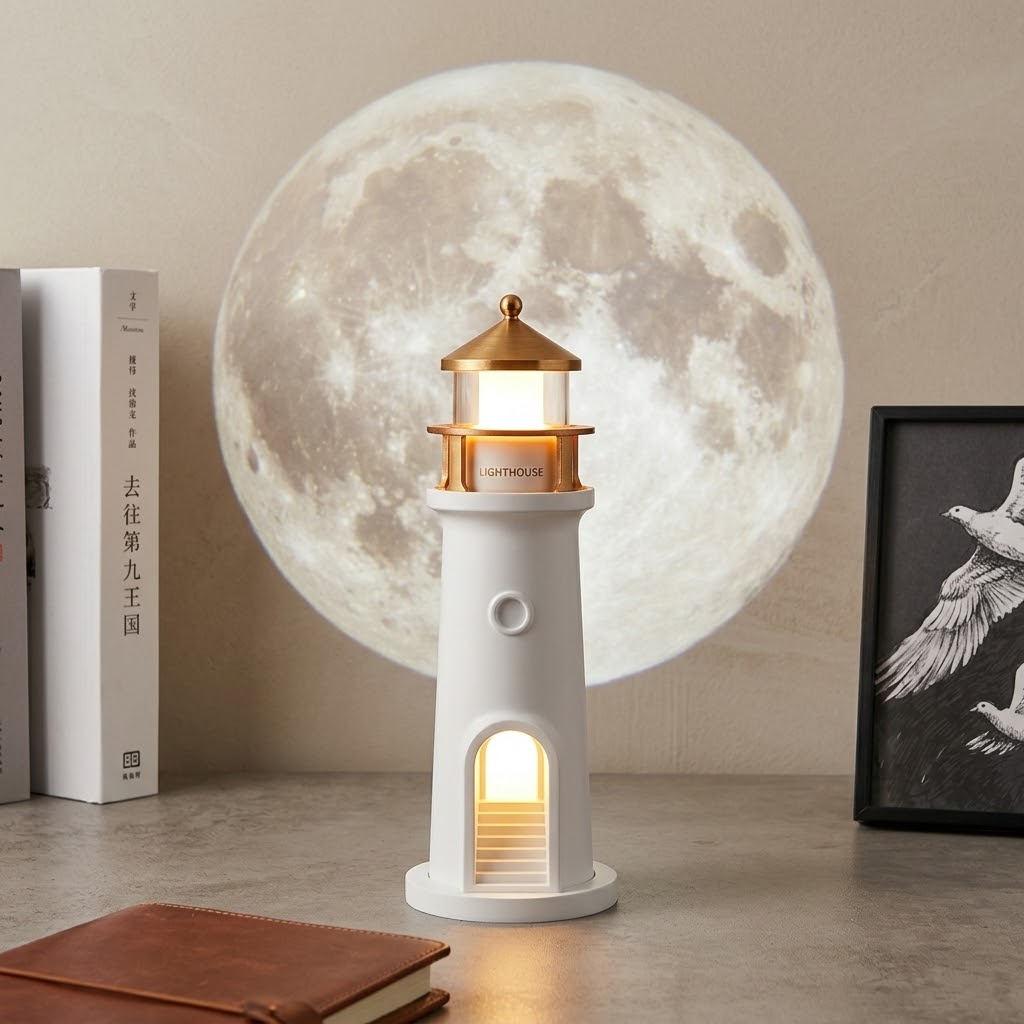 Moon Harbor Lighthouse Night Lamp creating a calm atmosphere on a desk