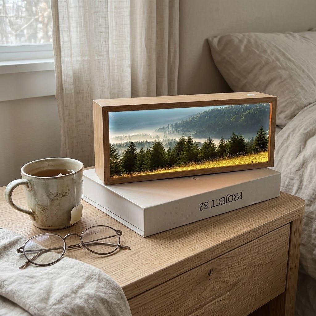 Unique Nordic Healing Backlit Landscape Art Frame Light Box gift idea on a minimalist desk