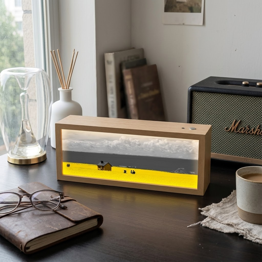 A calming backlit art frame showing a mountain landscape glowing softly on a desk