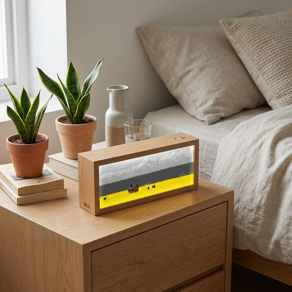 Minimalist Nordic style light box glowing softly in a room as a home essential