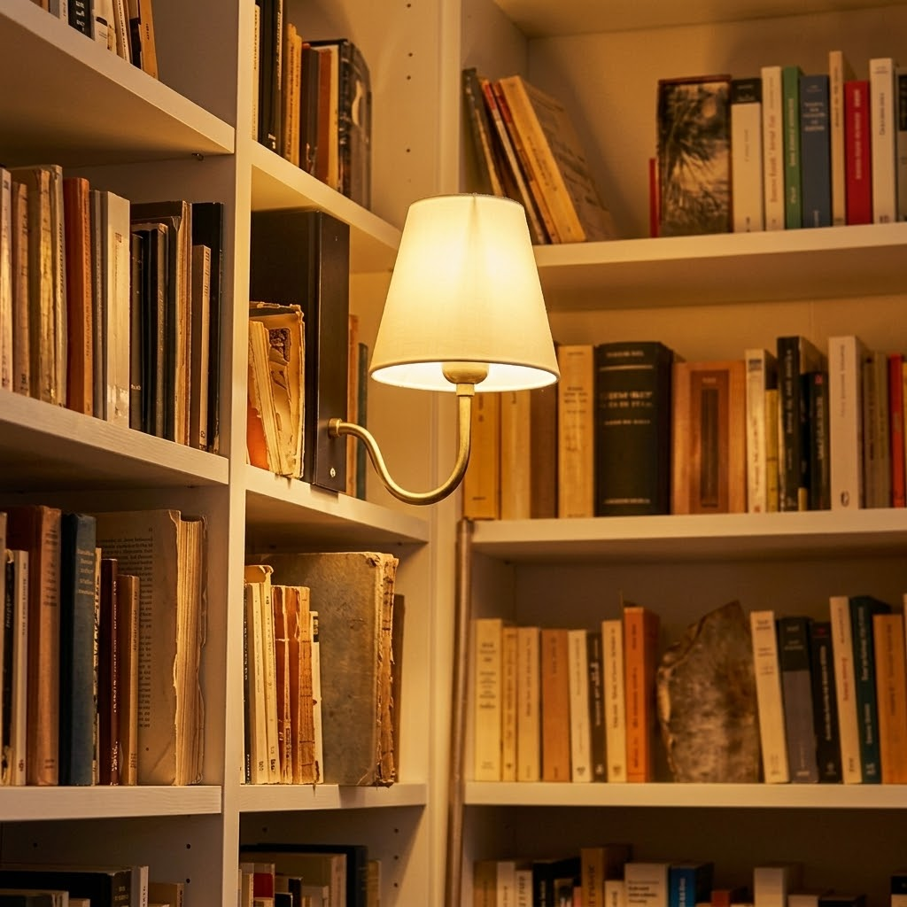 A close-up of the book lamp's adjustable touch controls and wooden finish