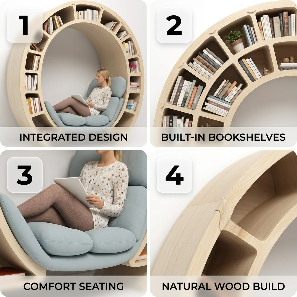 A person relaxing in the sculptural Reading Orbit Bookshelf Nook Chair