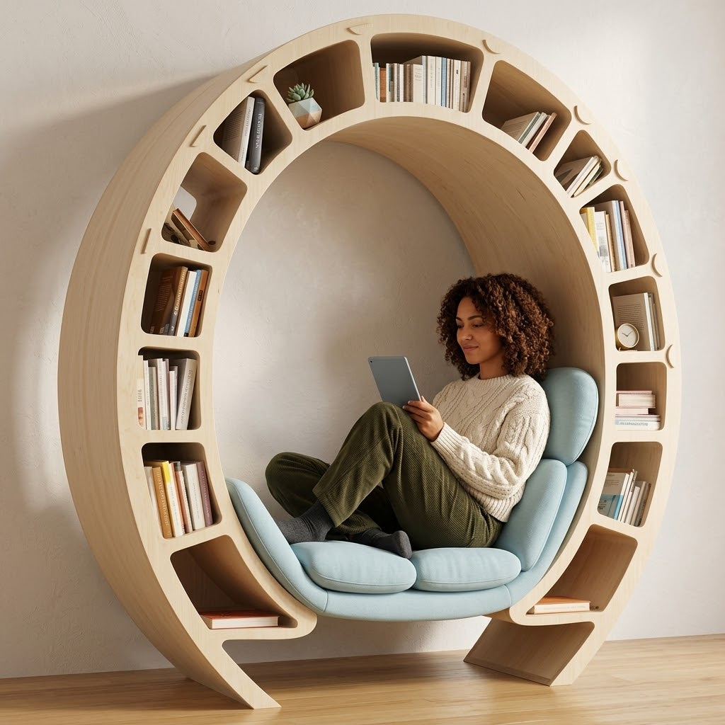 The Reading Orbit Bookshelf Nook Chair, a unique gift for design lovers