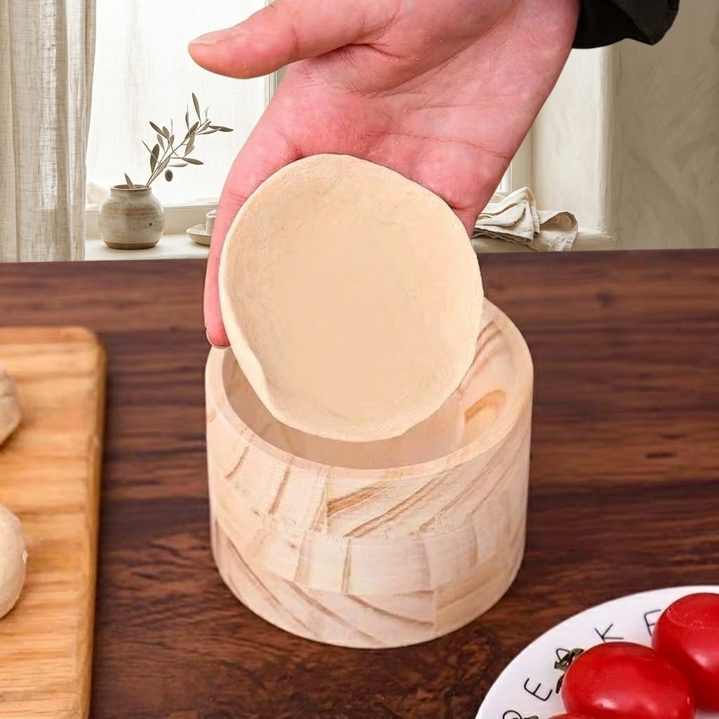Demonstrating how to use the wooden dough press for perfect wrappers
