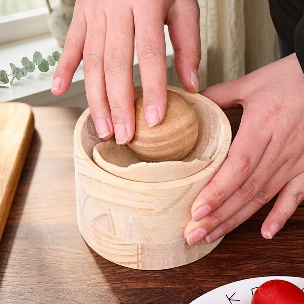 A perfectly formed dough wrapper made with the wooden mold