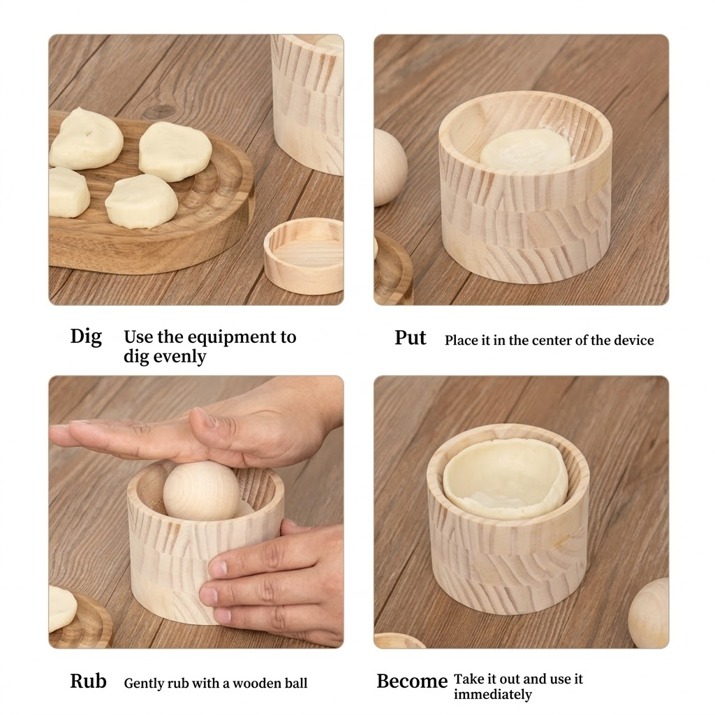 Close-up of the smooth wooden dumpling press tool