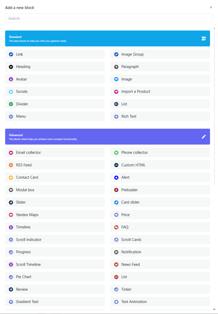 A screenshot of the itsbio.link platform interface showing various customization options and block types.