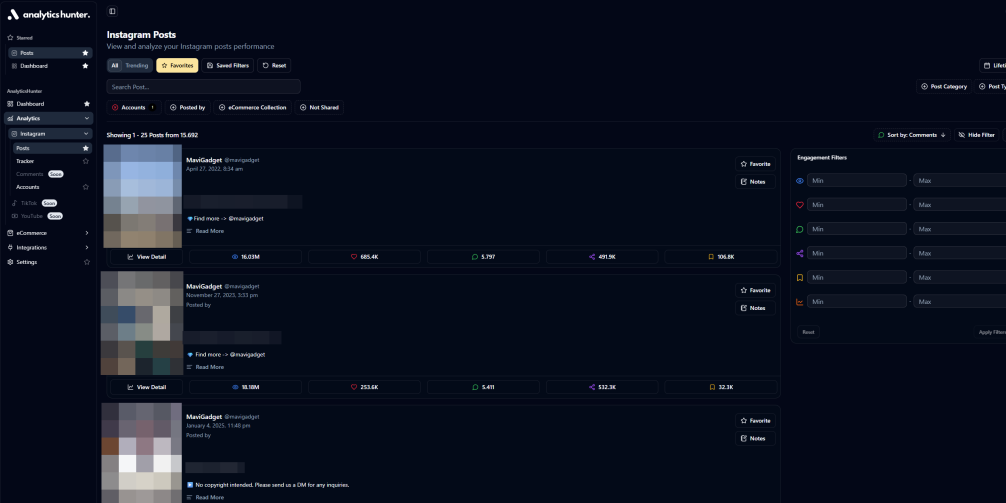 A vibrant and intuitive screenshot of the AnalyticsHunter dashboard, showcasing various social media metrics and growth charts for creators and brands.