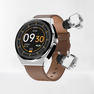 Classic leather smart watch with built-in Bluetooth headphones
