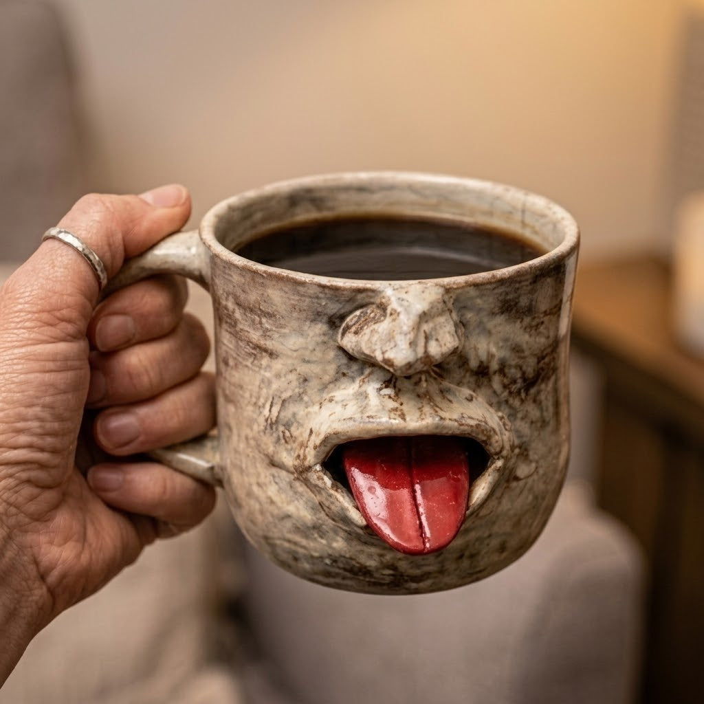 Close-up of the handcrafted details on the funny face mug