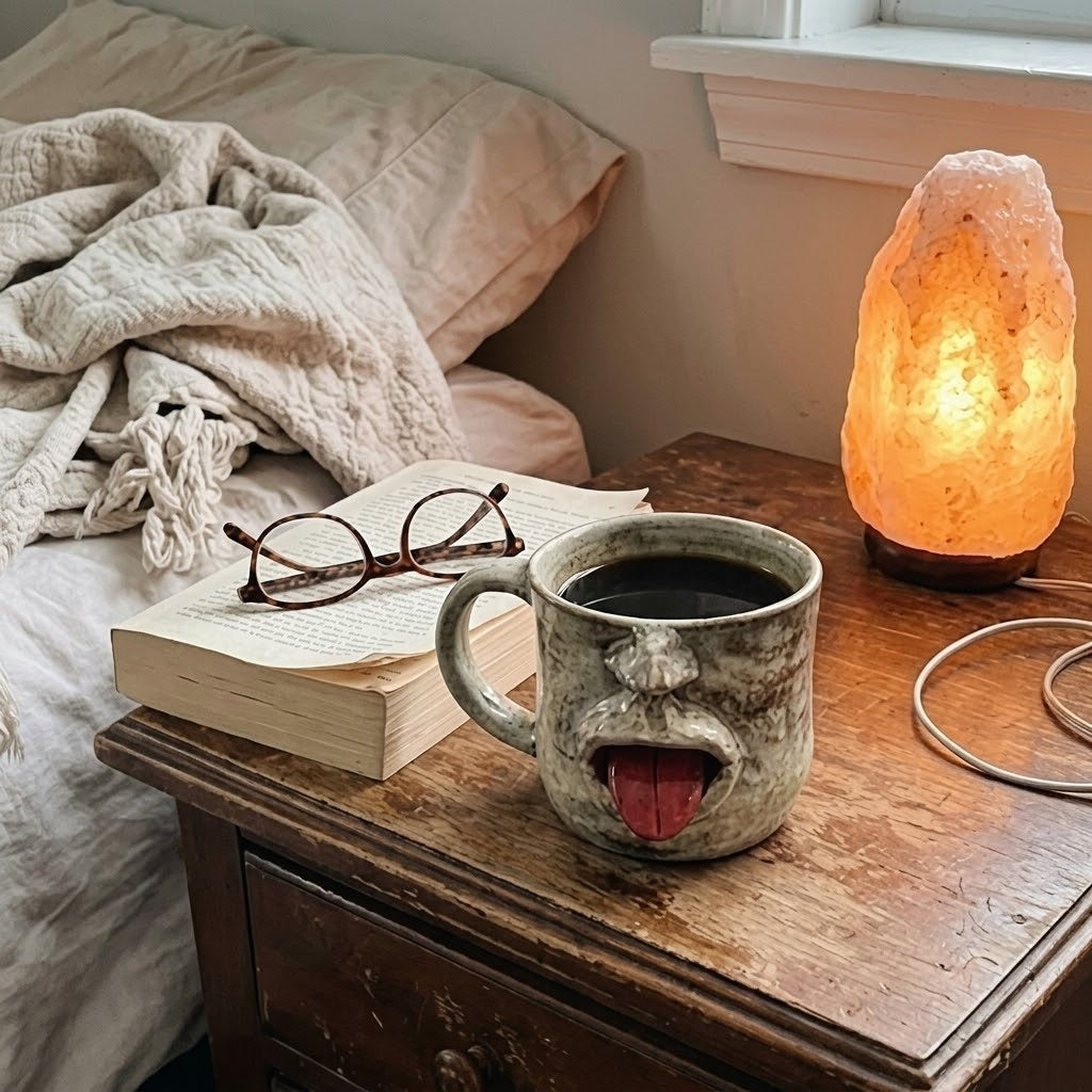 Side view of the Tongue-Out Face mug showing the comfortable handle