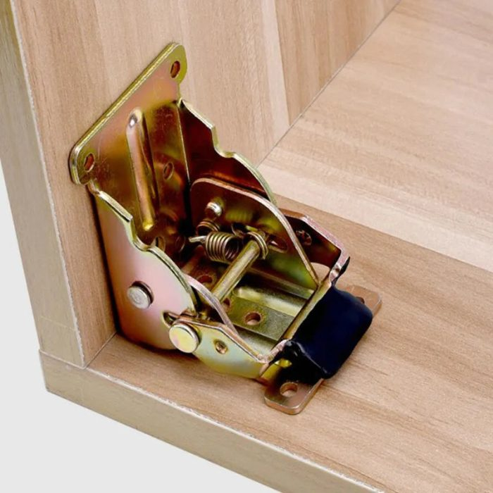 A pair of 2Pcs Foldable Self-Locking Hinges demonstrated in both open and closed positions on a furniture piece.