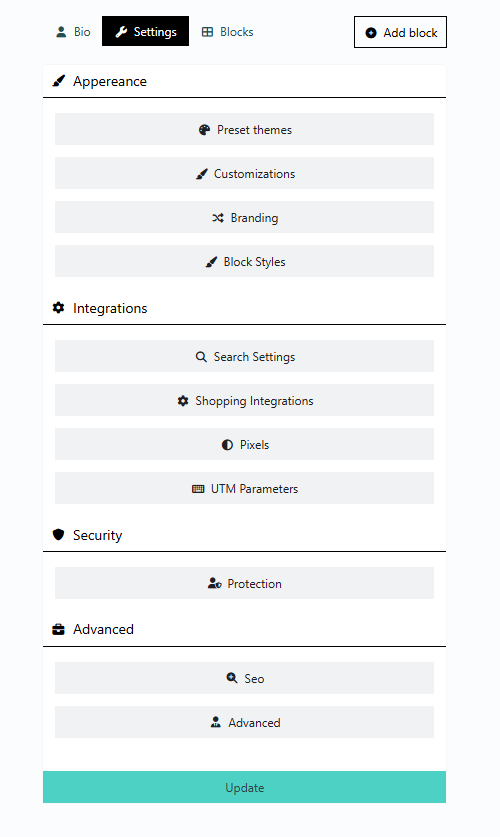 itsbio.link customization interface showing various theme and styling options.