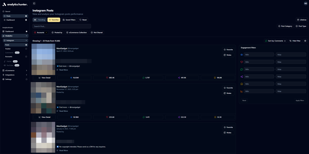 AnalyticsHunter platform overview showing various social media analytics dashboards with graphs and metrics