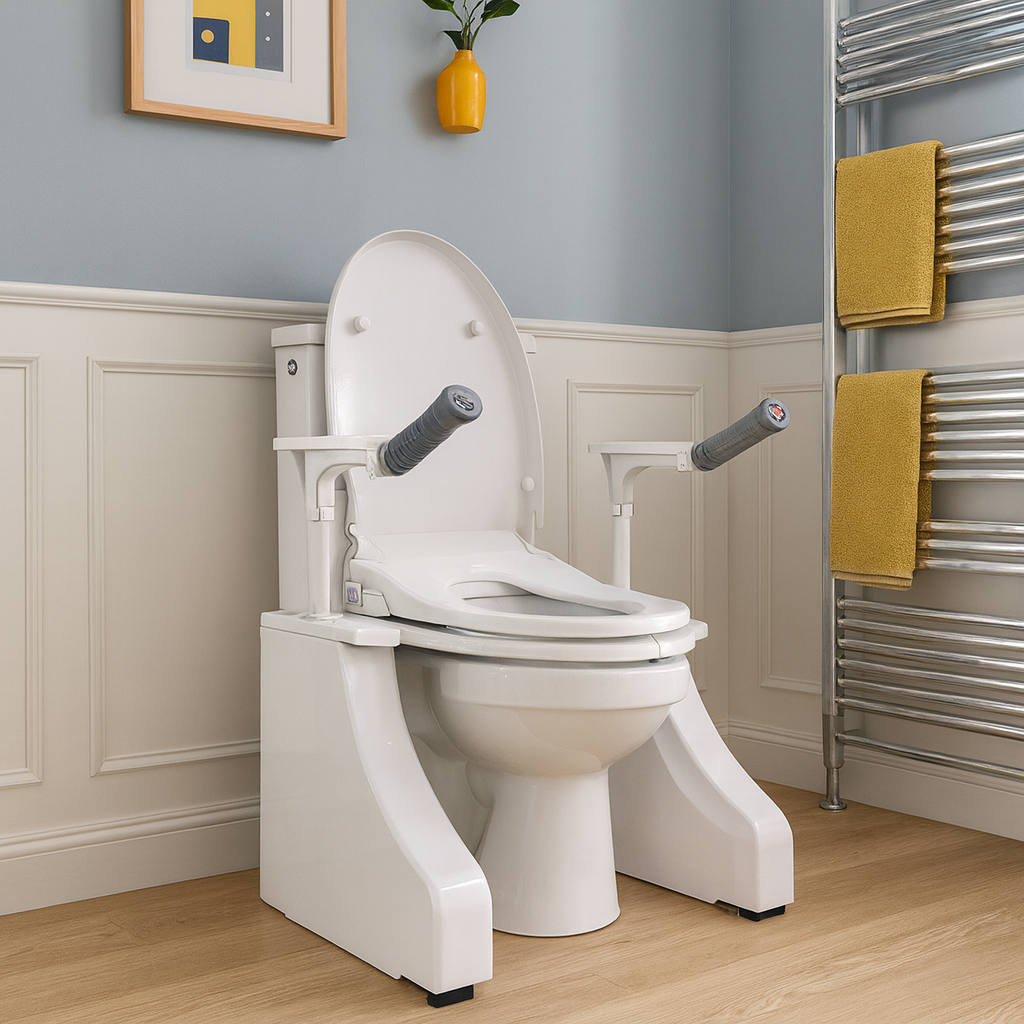 A person comfortably using the smart toilet lift seat with safety handles