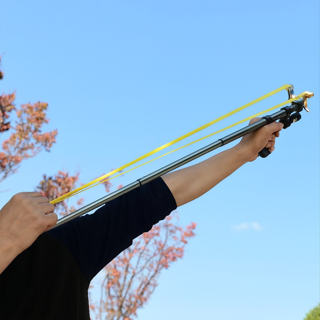 Close-up of the telescopic laser slingshot ready for use