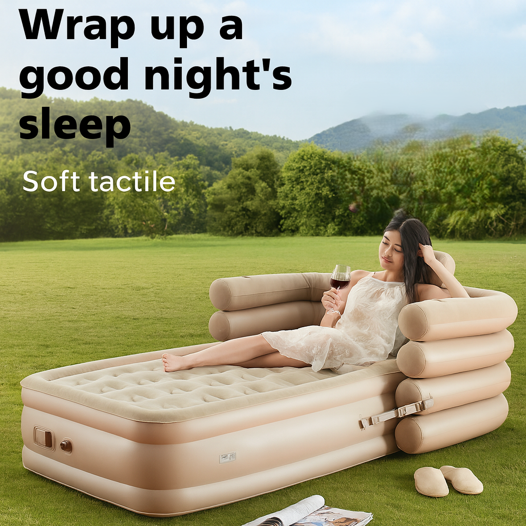 A family enjoying the comfy inflatable sofa in their backyard for a relaxing day